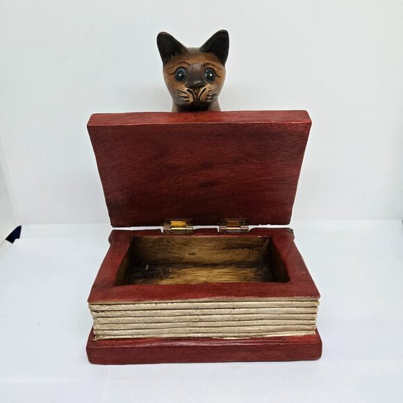 Hand Painted / Stained Wooden Cat / Kitten on a Book Trinket Box - Picture 6 of 10
